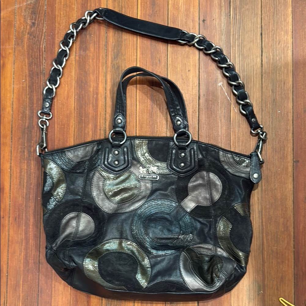 Coach Black and Silver Patterned Shoulder Bag